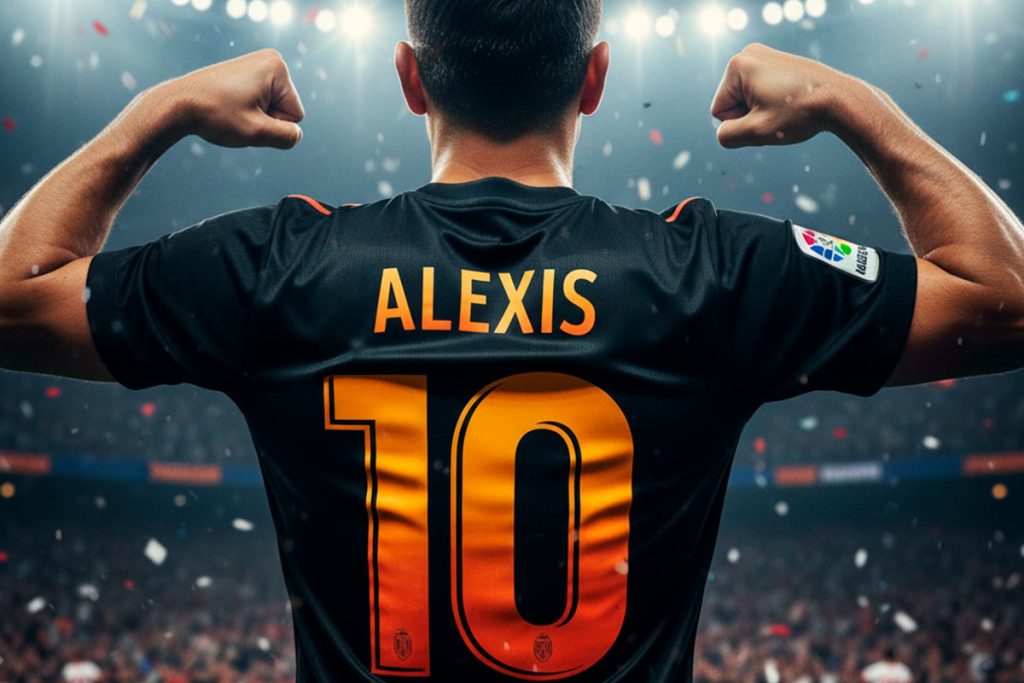 Jugador de fútbol celebrando, mostrando el estampado de número y nombre en la espalda de su camiseta personalizada.
