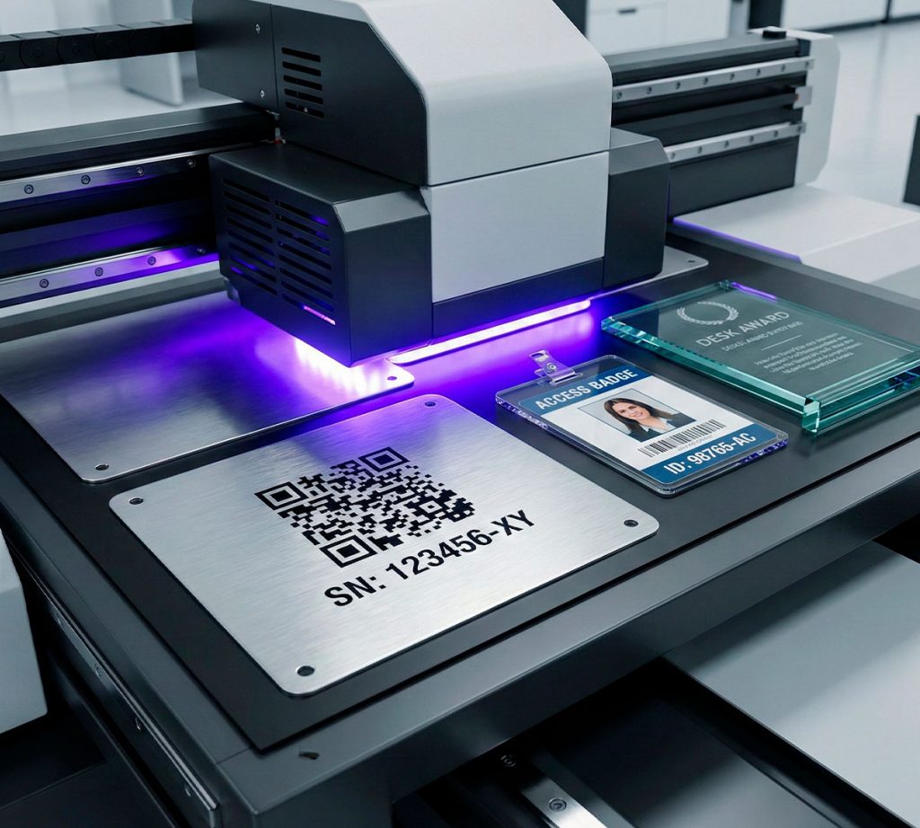 Primer plano de una impresora UV de cama plana curando tinta con luz violeta sobre placas de identificación de maquinaria de metal con códigos QR nítidos y credenciales de acrílico rígidas.