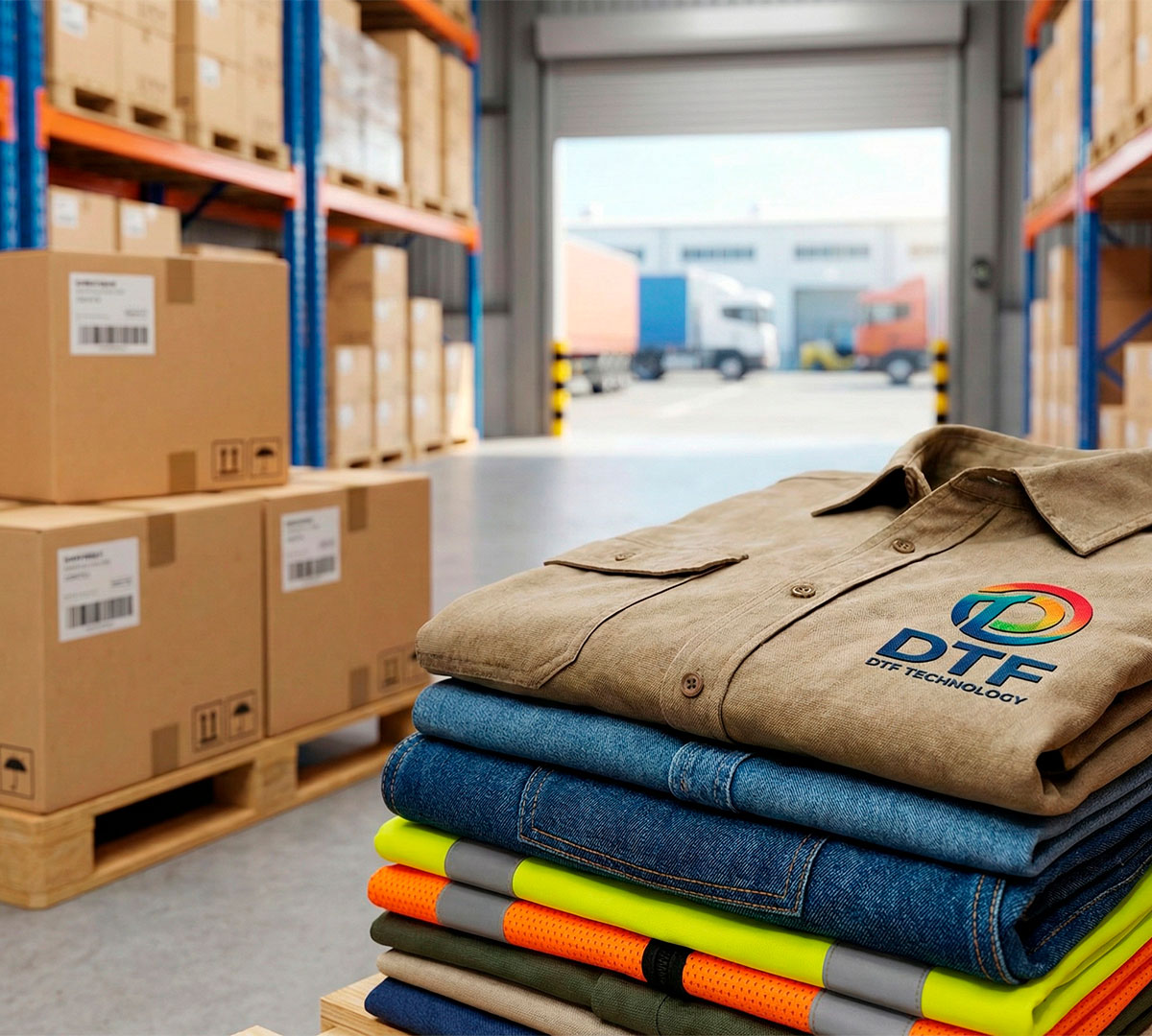 Primer plano de ropa de trabajo industrial con estampado DTF de alta resistencia apilada en un centro logístico moderno en San Joaquín.