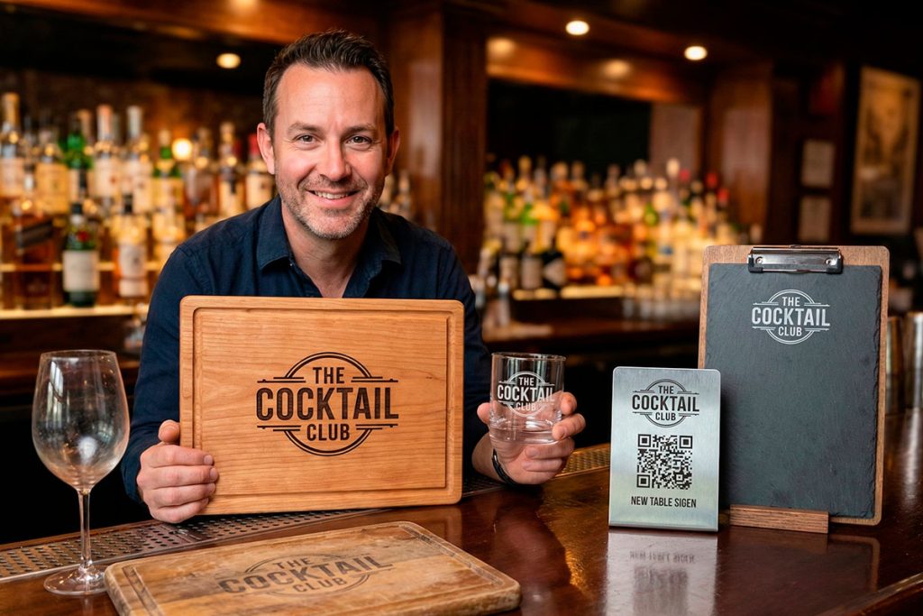 Merchandising personalizado para restaurantes con impresión UV relieve en copas y tablas