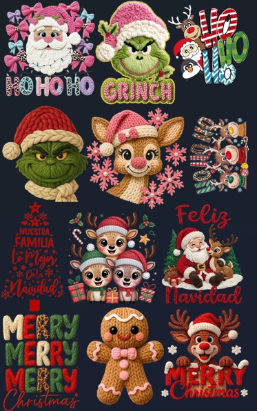 Lienzo DTF Navidad: Estampa 12 Poleras Diseños Tejidos Lienzo DTF Navidad: Estampa 12 Poleras Diseños Tejidos