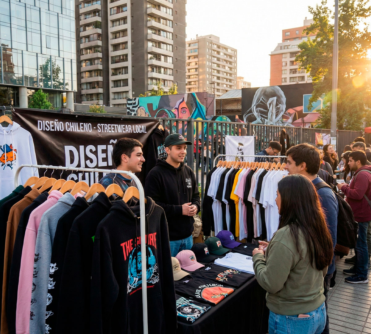 Emprendedores chilenos vendiendo ropa de streetwear en una concurrida feria de diseño al aire libre en Santiago al atardecer.