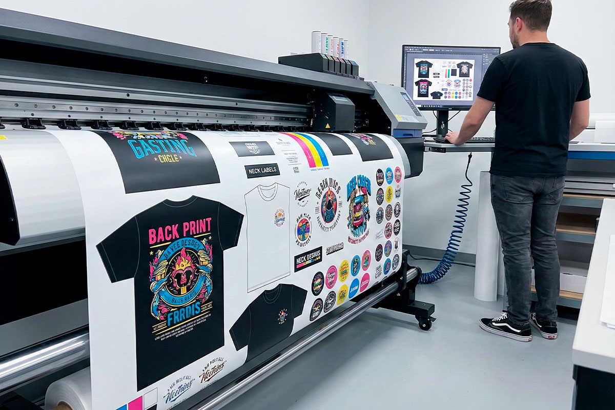 Impresora industrial DTF imprimiendo un rollo de film con múltiples diseños de camisetas, logos y etiquetas optimizados en un solo metro lineal, con un diseñador supervisando el proceso.