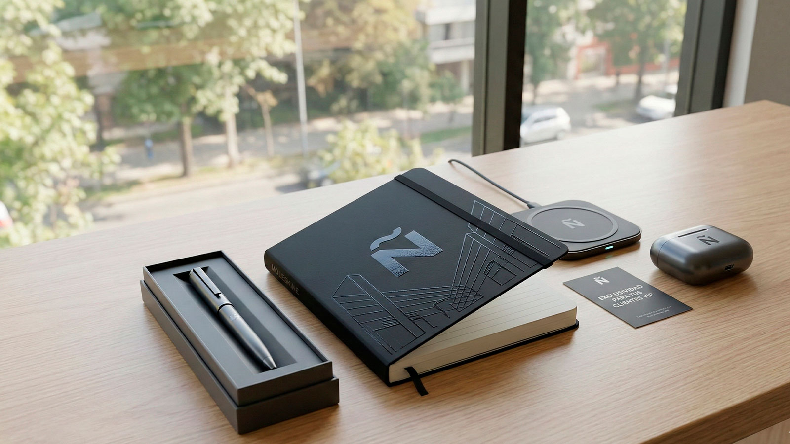 Set de regalos corporativos de diseño premium en Ñuñoa con impresión UV texturizada sobre libreta y bolígrafo.