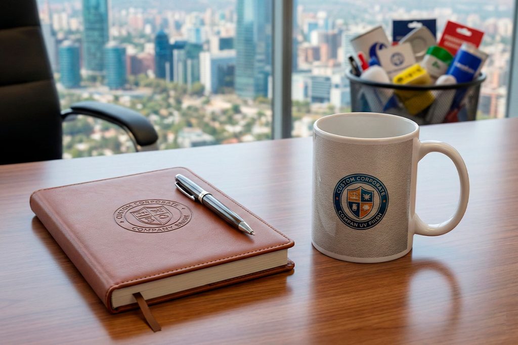 Set de regalos corporativos premium sobre mesa de reuniones en Santiago