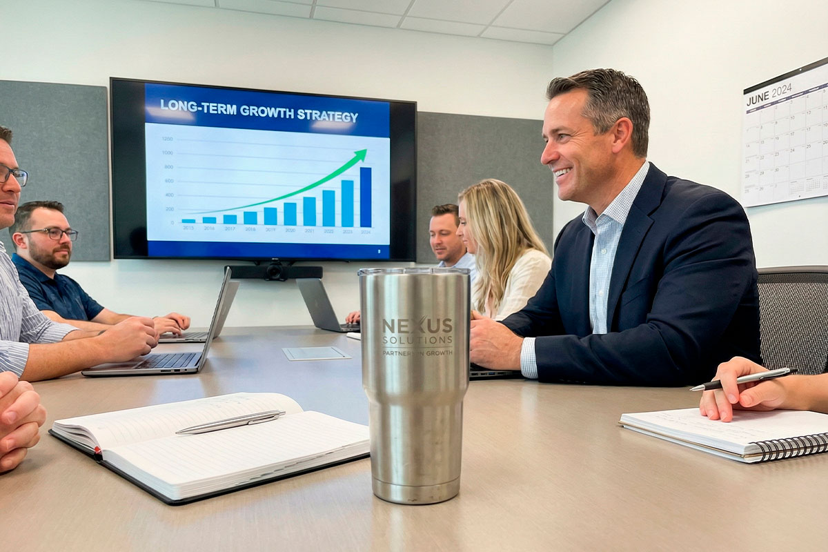 Un ejecutivo sonriente utiliza un vaso térmico corporativo premium grabado con logo durante una reunión de estrategia de largo plazo, seis meses después de recibirlo (según el calendario de junio de 2024), demostrando la permanencia y el retorno de inversión del merchandising efectivo.