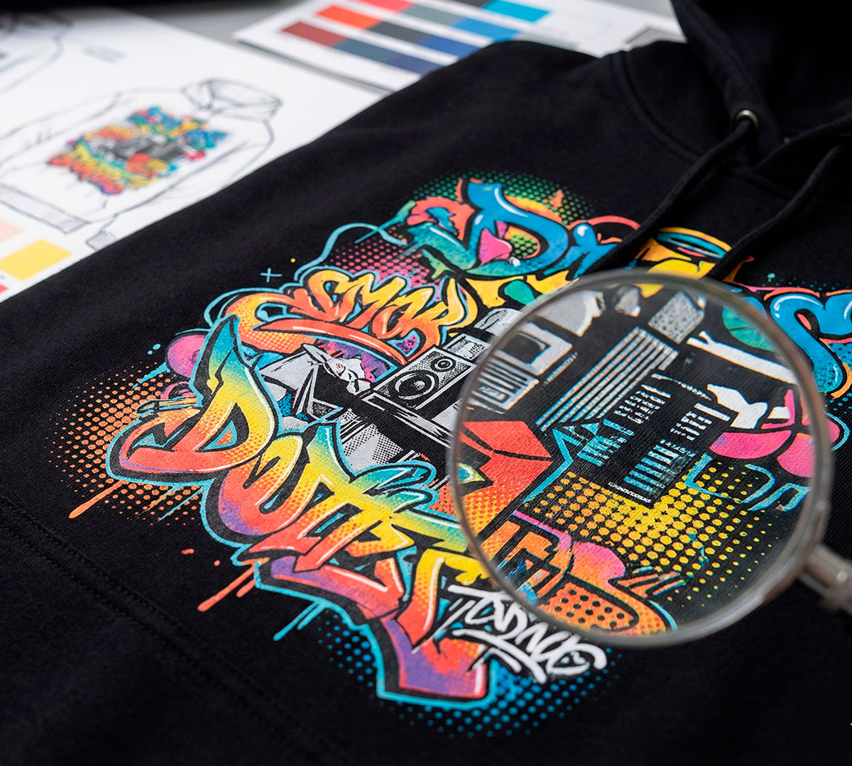 Primer plano con lupa mostrando detalle de impresión DTF textil en polerón streetwear