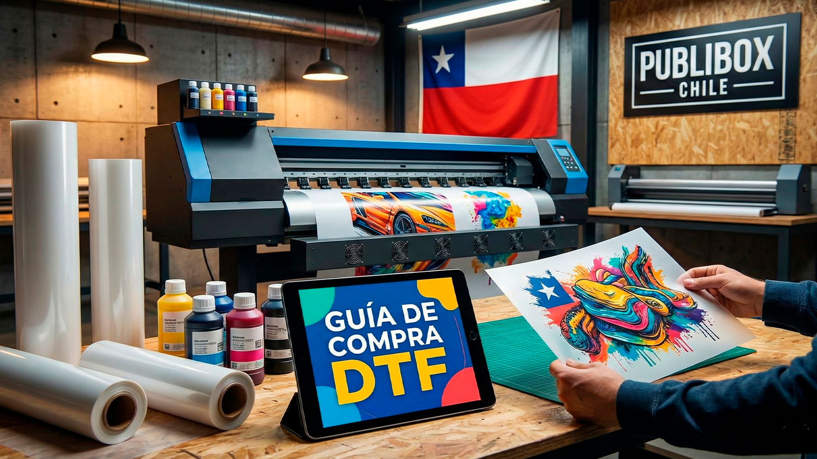 Guía de compra sobre técnica de impresión DTF en taller de Publibox Chile con ejemplos de estampado