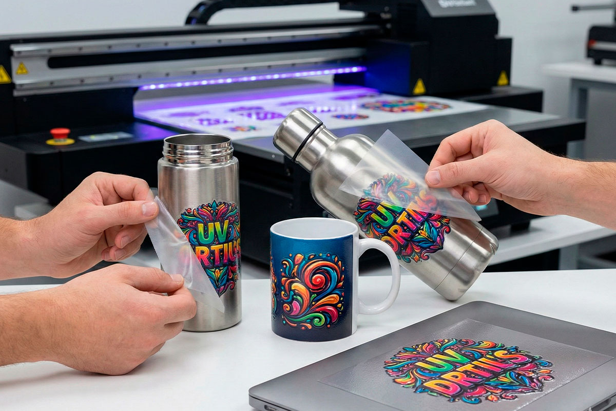 Aplicación de estampado UV DTF en botellas térmicas y tazas rígidas