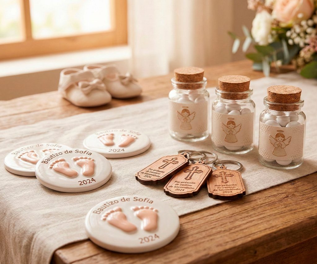 Recuerdos de bautizo y baby shower con relieve 3D y acabado brillante en llaveros