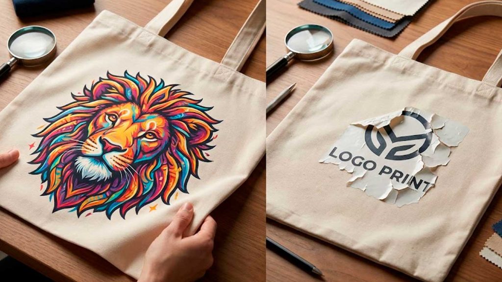 Bolsas reutilizables con logo estampadas en DTF sobre lona y algodón para marcas de streetwear