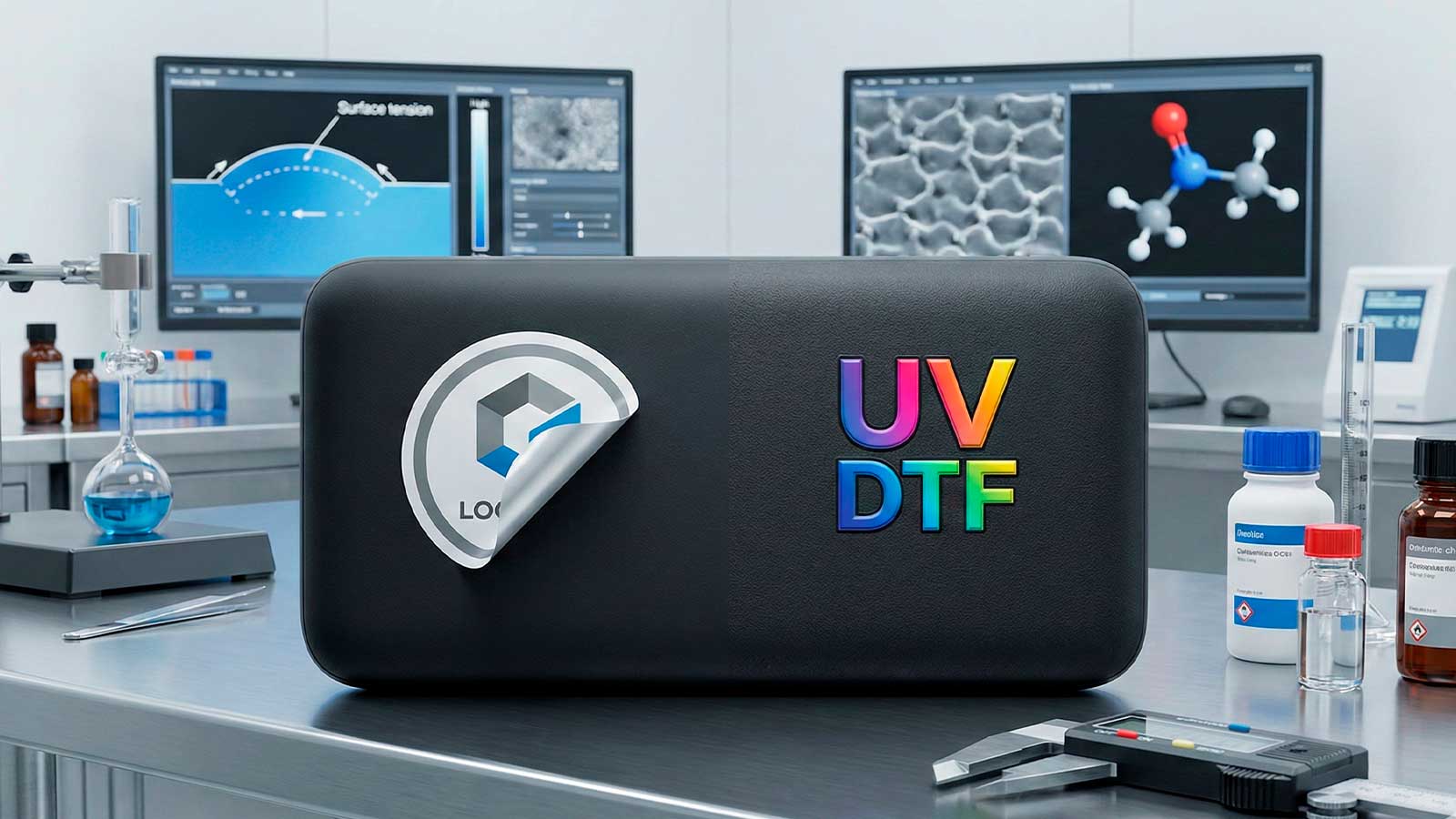 Prueba científica en laboratorio comparando la adhesión fallida de un vinilo contra la fusión química perfecta de un logo UV DTF en un power bank gomoso