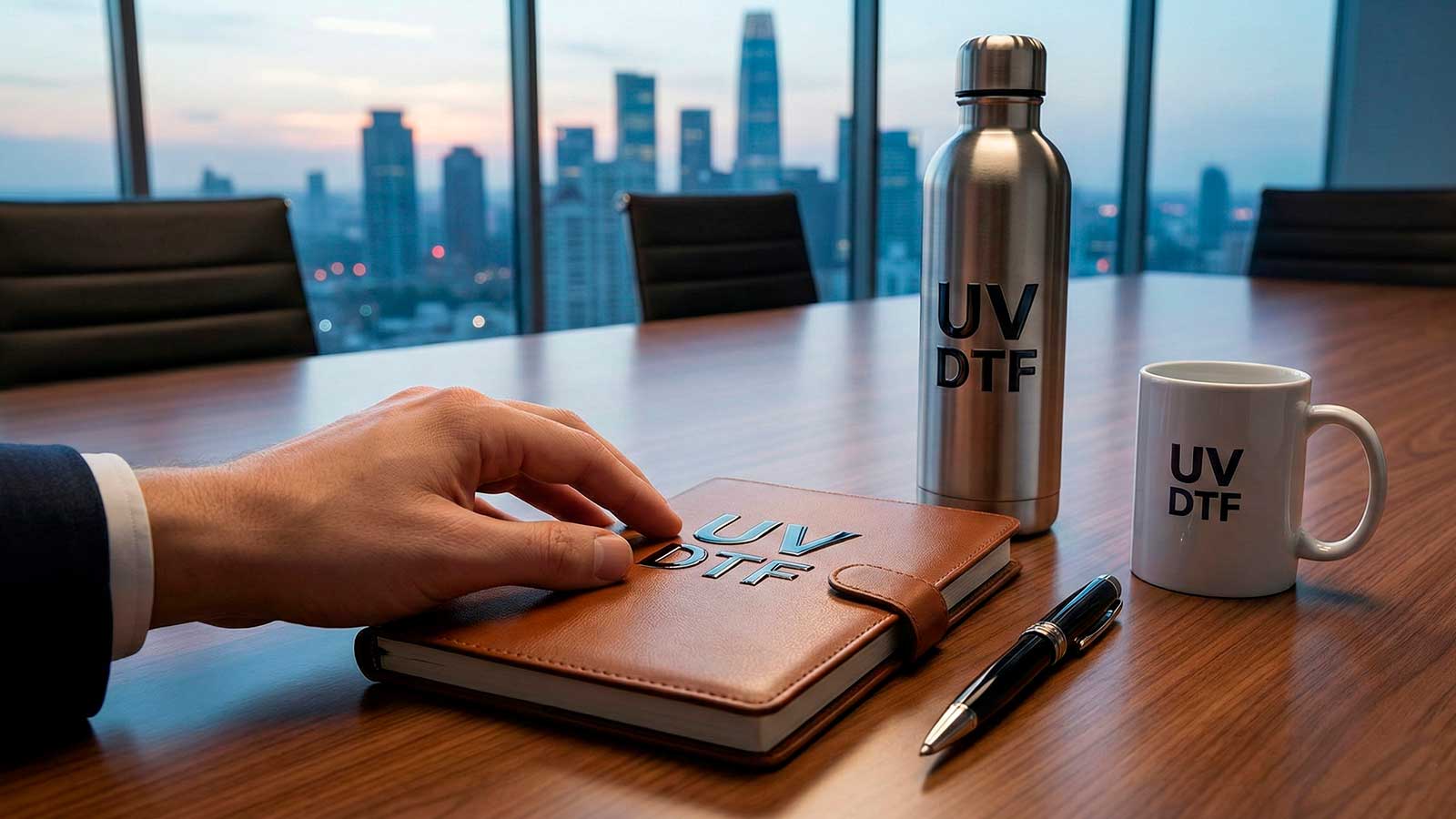 Detalle de acabado háptico con relieve 3D y barniz en regalos corporativos premium en Santiago personalizados con UV DTF