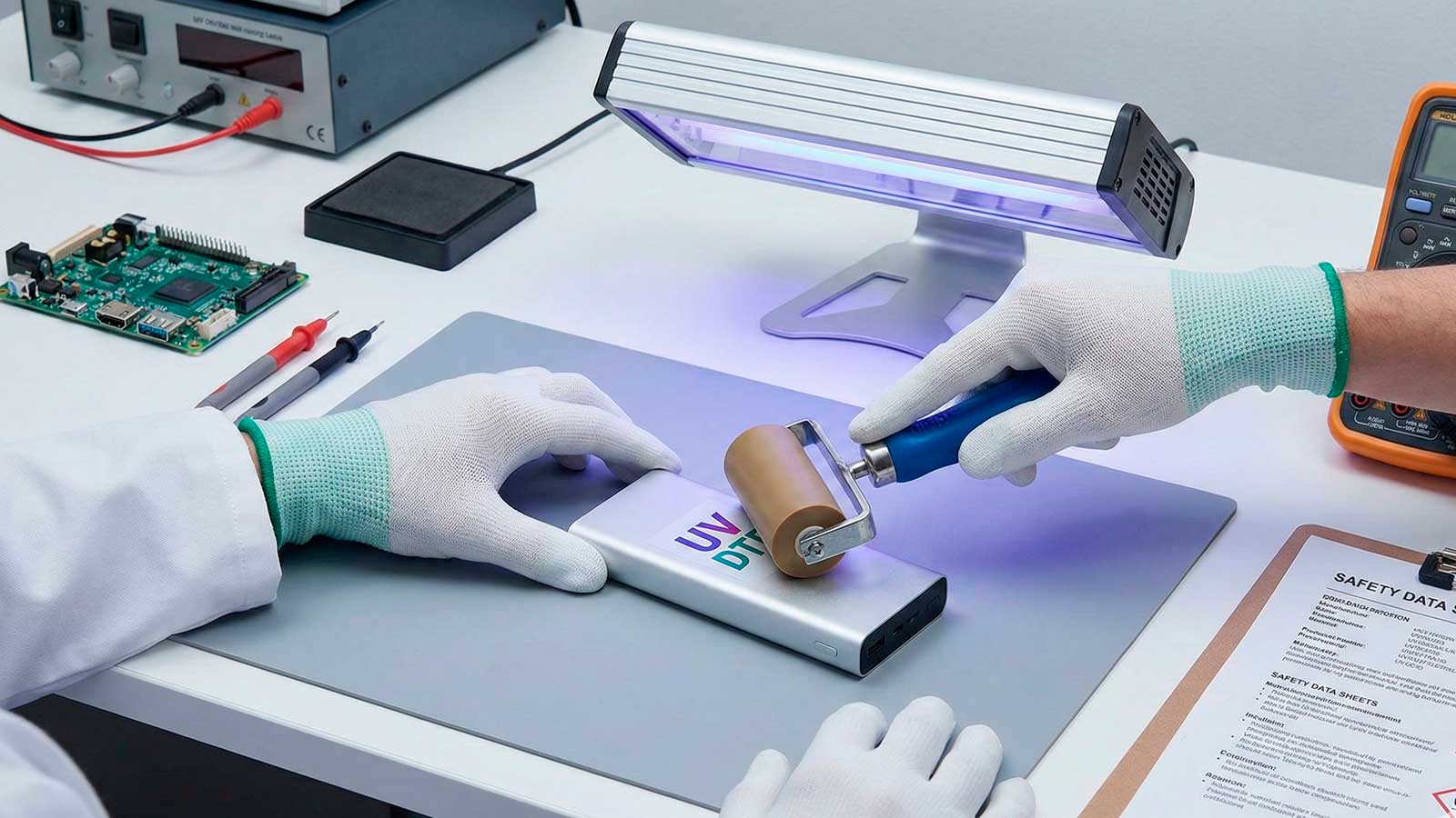 Aplicación manual en frío de impresión UV DTF sobre powerbank para proteger la batería de litio del calor