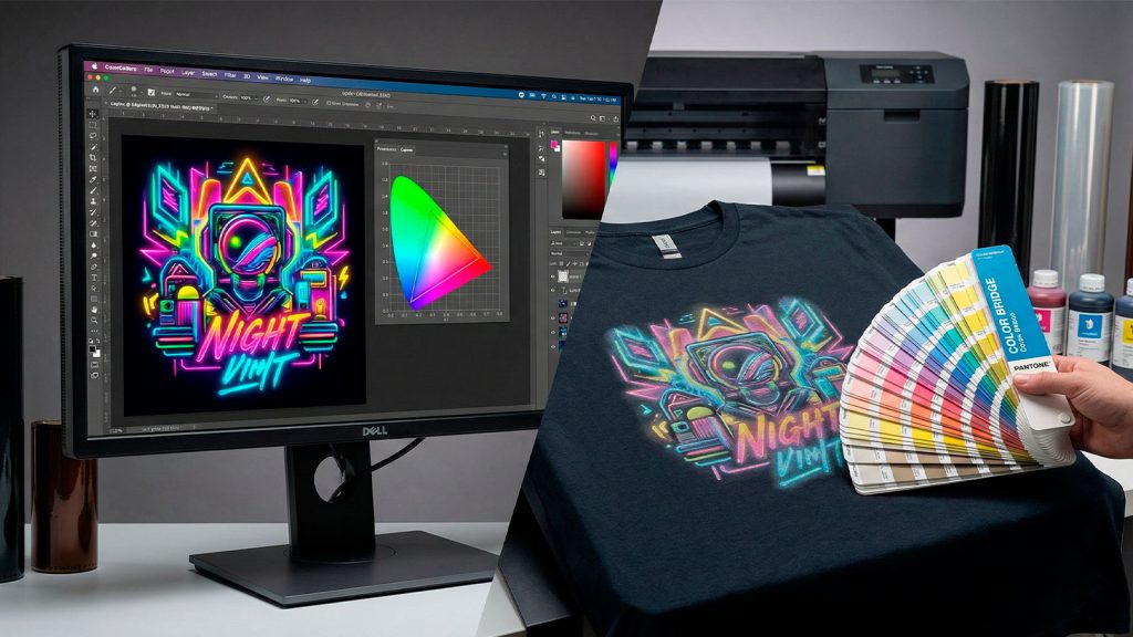 Comparativa visual de perfil de color DTF: diseño en monitor RGB vs estampado real CMYK
