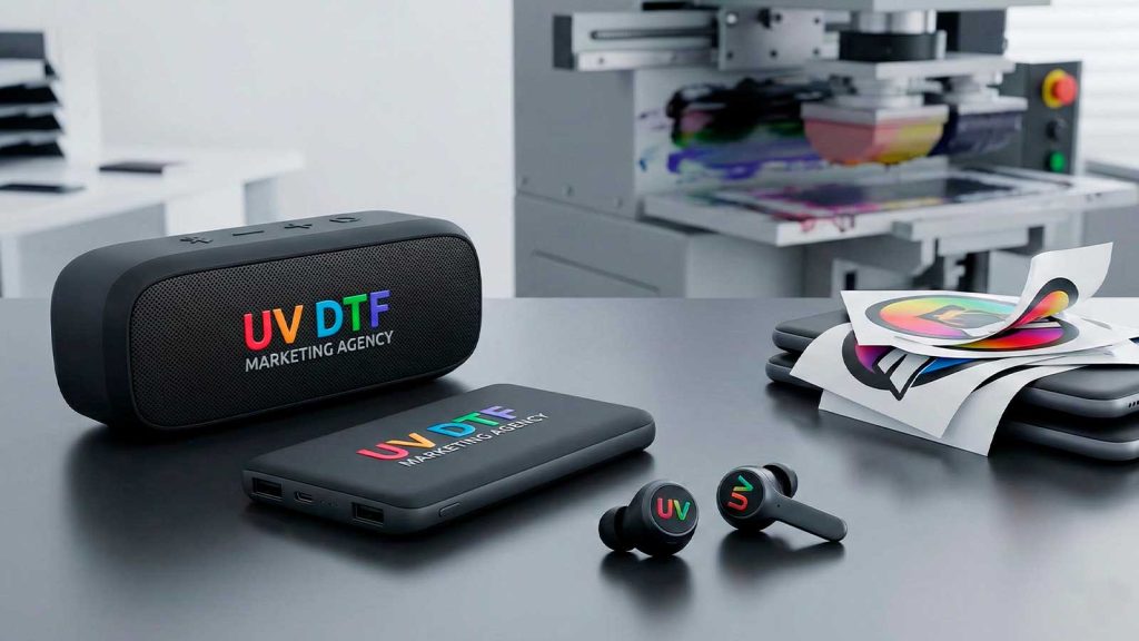 Personalización de artículos tecnológicos como parlantes y powerbanks con logos full color mediante impresión UV DTF