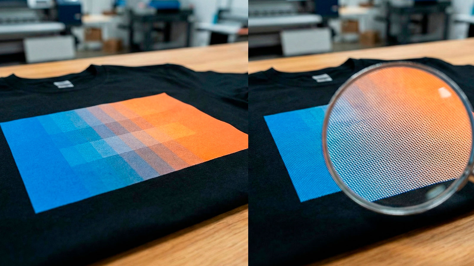 Primer plano con lupa comparando impresión con banding vs uso de semitonos en DTF textil