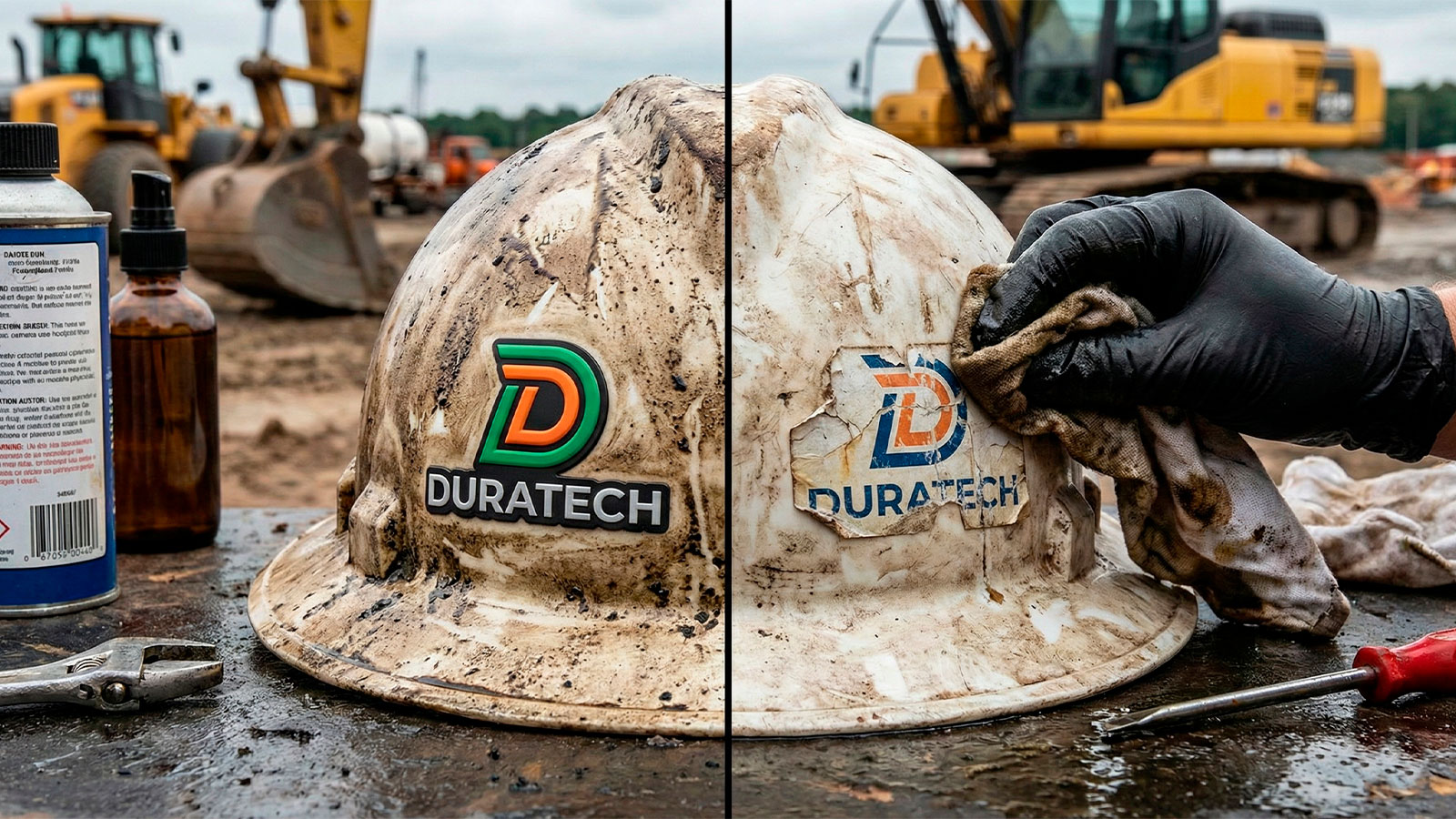 Prueba de resistencia extrema: casco con UV DTF intacto vs vinilo dañado por químicos y suciedad en faena