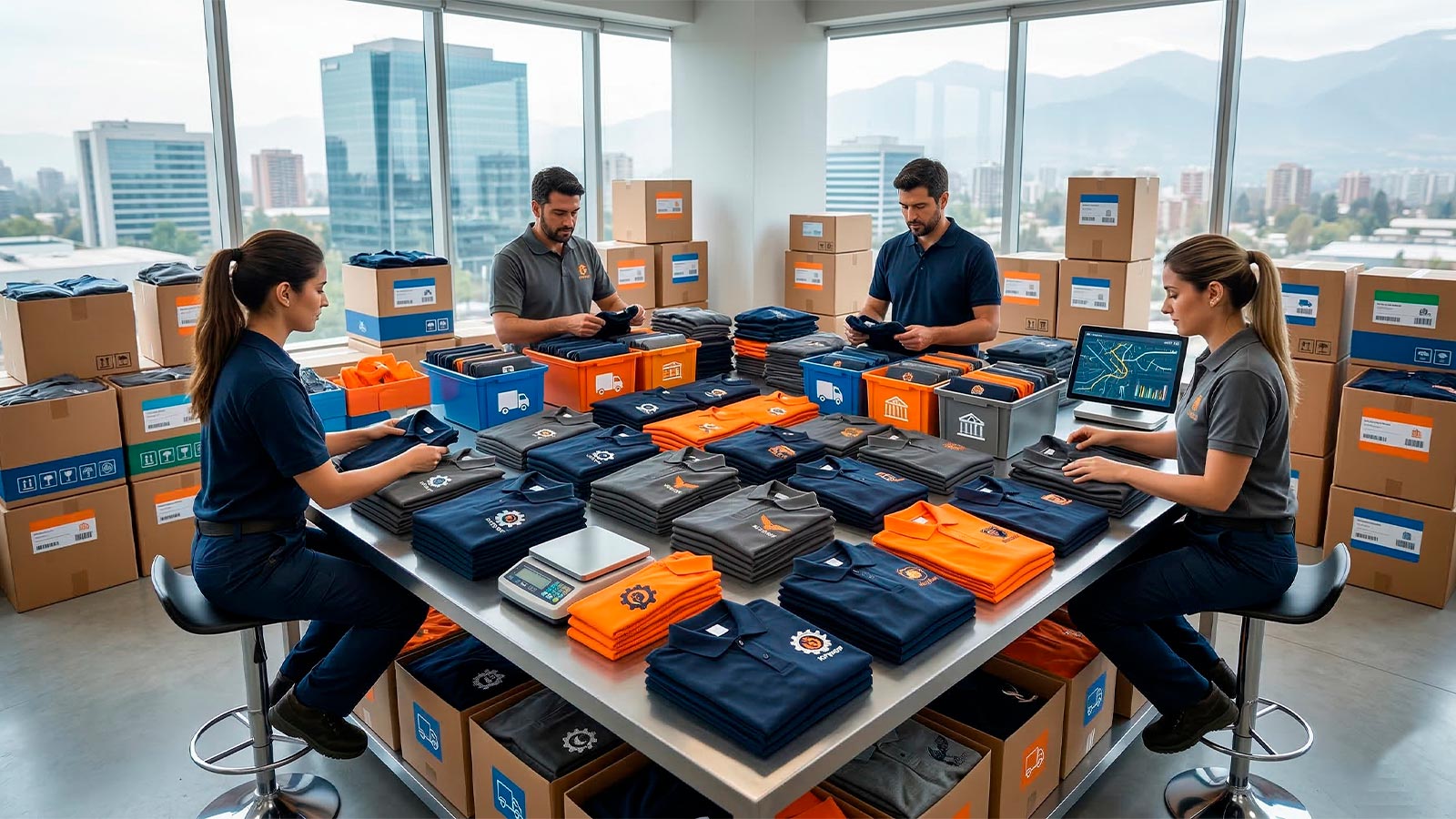 Logística de ropa de trabajo en Santiago: Cuatro trabajadores en una planta organizada clasificando eficientemente pilas de polos de marca industrial, lo que representa la velocidad de respuesta y el suministro de Publibox