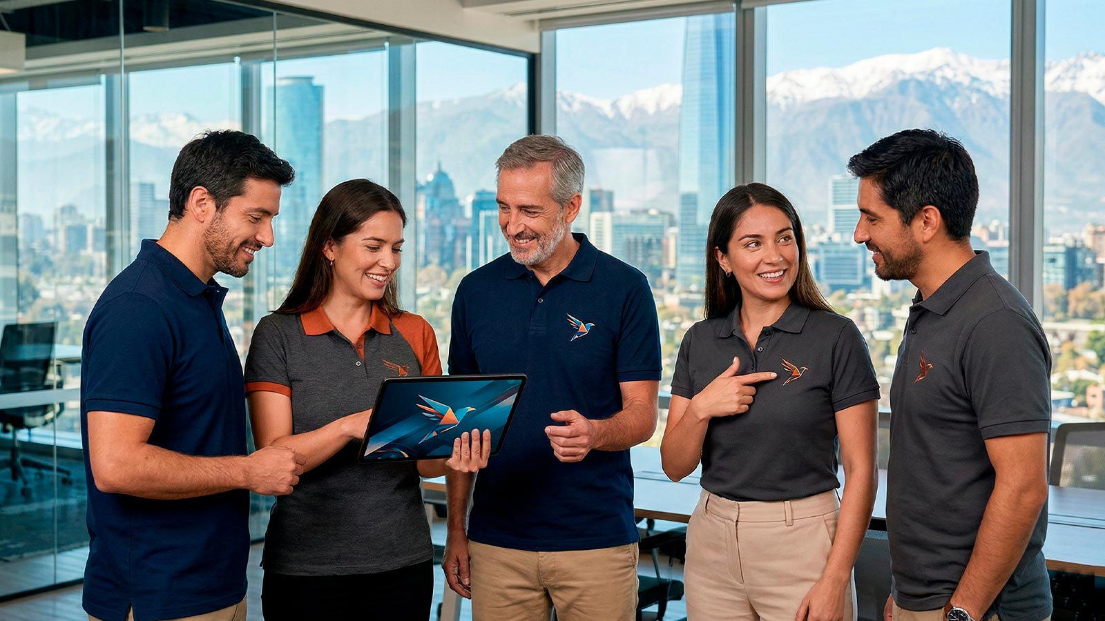 Merchandising para empresas en Chile: Profesionales usando poleras corporativas de calidad industrial en Santiago con vista a la cordillera.