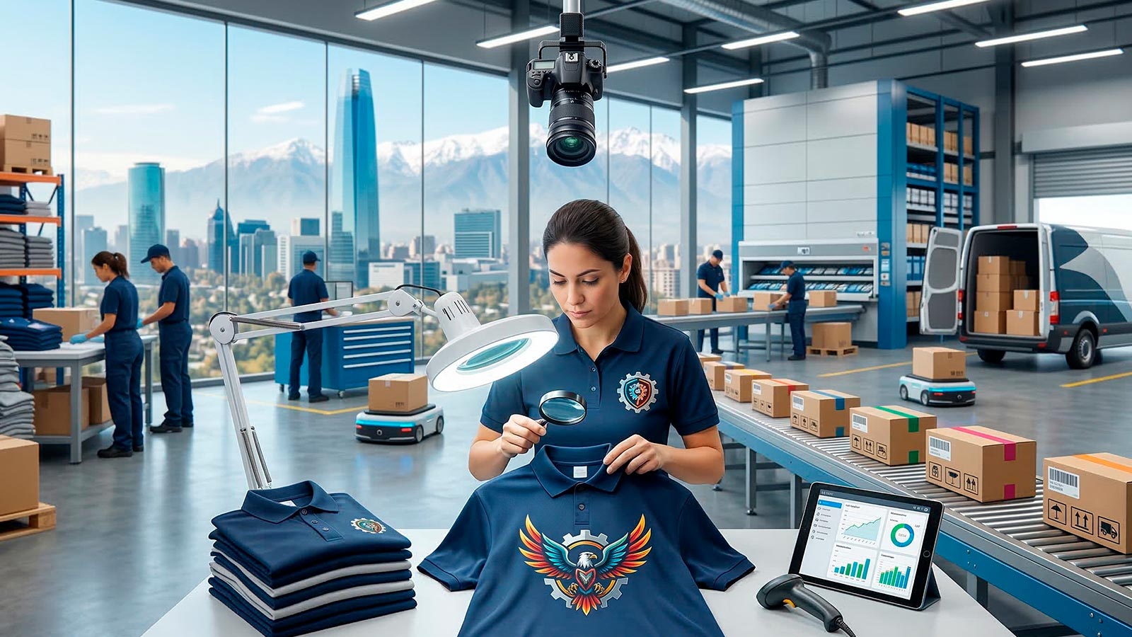 Especialista de Publibox realizando control de calidad con lupa y escáner a uniformes corporativos en una planta logística avanzada en Santiago.