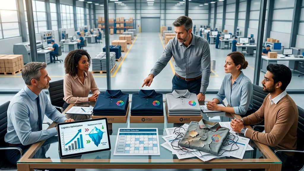 Gerentes analizando cómo optimizar presupuestos de uniformes con DTF textil de alta durabilidad en una reunión de logística corporativa.
