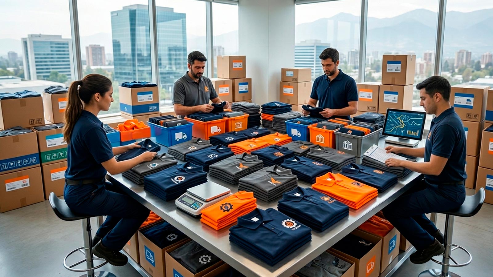 Equipo de Publibox clasificando poleras corporativas por mayor en una mesa de trabajo organizada, con pilas de prendas en colores azul, gris y naranja listas para entrega