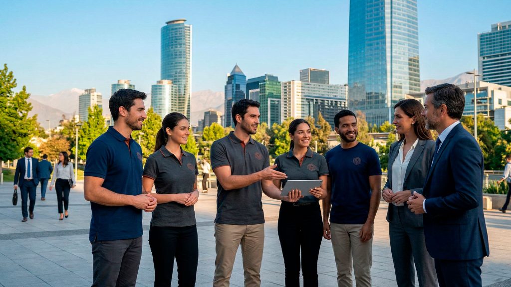 Grupo de profesionales vistiendo poleras corporativas en Santiago frente a un entorno empresarial moderno. Grupo de profesionales vistiendo poleras corporativas en Santiago frente a un entorno empresarial moderno.