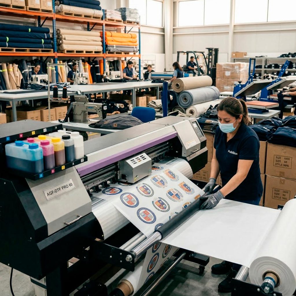 Línea de producción industrial en Publibox La Florida, mostrando maquinaria avanzada de impresión DTF textil y personal confeccionando uniformes corporativos de alta demanda.