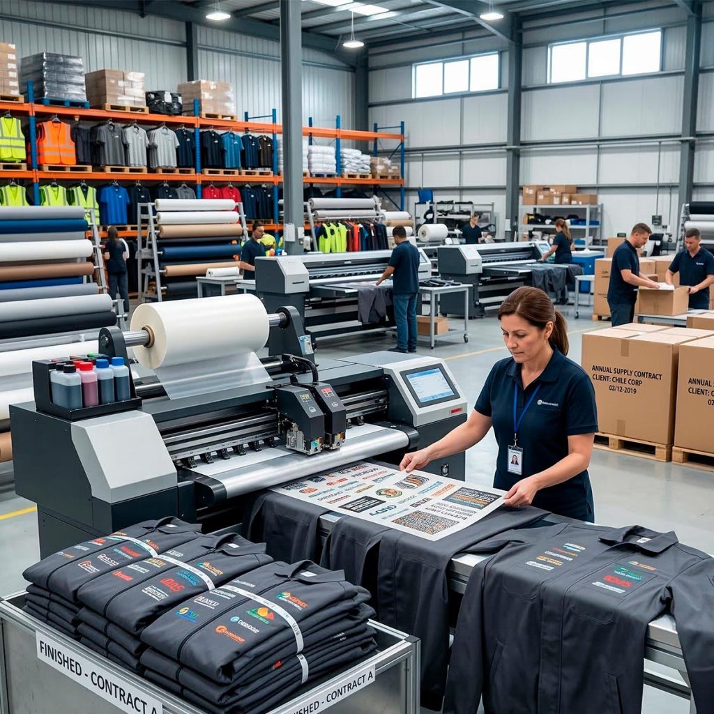 Operario en planta industrial de Publibox procesando estampados por mayor y organizando indumentaria corporativa para contratos anuales, mostrando eficiencia y capacidad de producción.