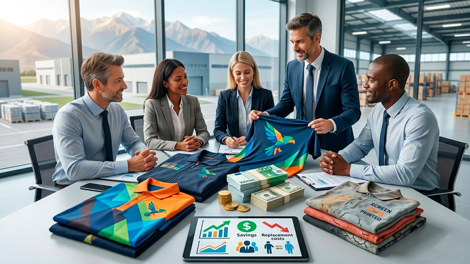 Rentabilidad de impresión DTF para empresas: Equipo corporativo comparando el ahorro y la durabilidad de prendas estampadas frente a métodos tradicionales.