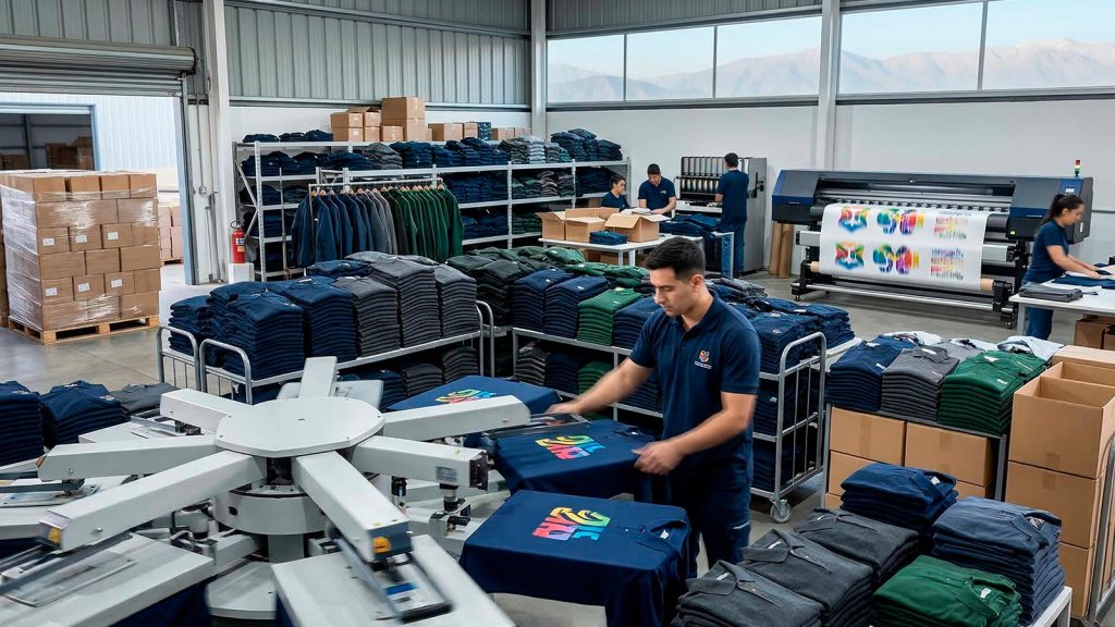Impresión industrial de ropa corporativa al por mayor: Operario en una planta de alta velocidad en Santiago estampando poleras con logos full color mediante tecnología DTF